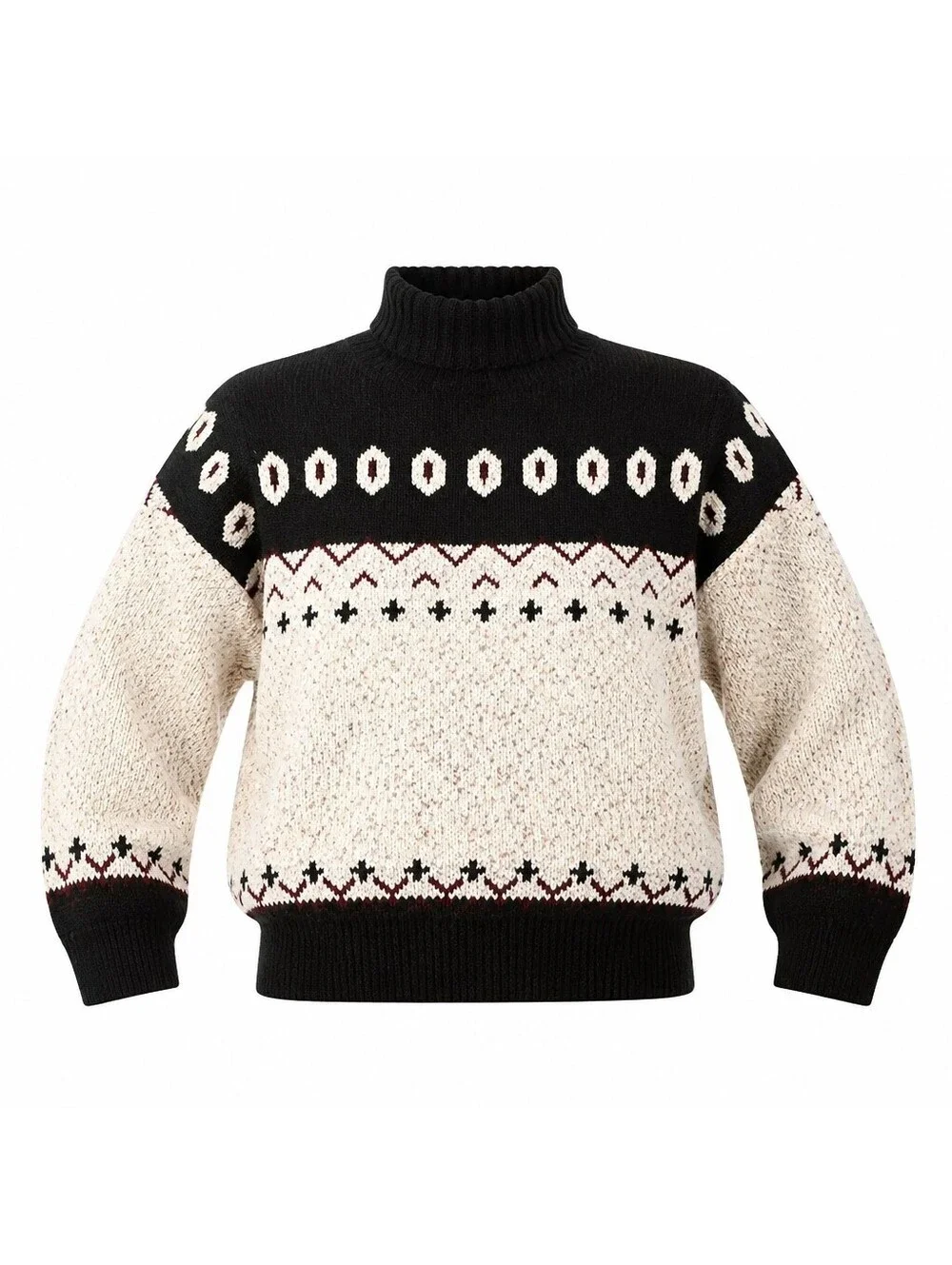 Fair Isle Turtleneck Sweater Black Cream Nordic Après Ski Retro